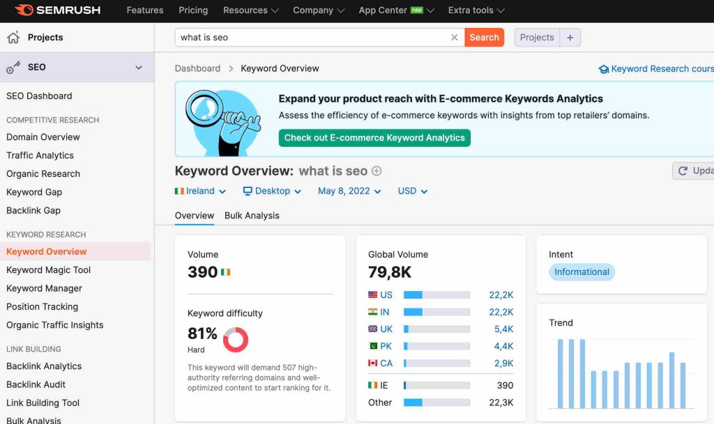 semrush search on what is seo